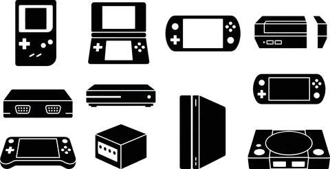 Solid black vector icons of various electronic gaming consoles and portable.. Ilustração Stock