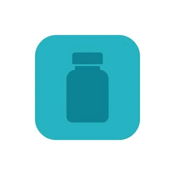 Solid blue pill bottle silhouette icon on lighter blue square background fo.. Stock Illustration