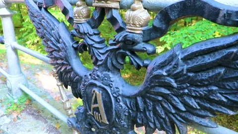 Solid bridge railing with eagle and crown National Park Belarus. Stock Footage 314893384