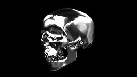 Solid chrome human skull 360 view against a black background. Stock Footage 107973700