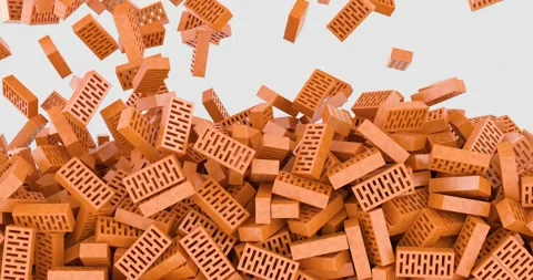 Solid clay bricks falling and fill the screen. 3D animation on transparent .. Stock Footage 300555816