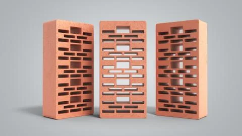 Solid clay bricks used for construction new red brick 3d render on grey gradi Stock Illustration