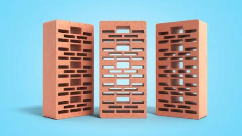 Solid clay bricks used for construction new red brick 3d render on blue gradi Stock Illustration