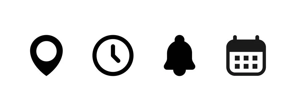 Solid clock, bell and calendar icons for event planning vector illustration.. 스톡 일러스트