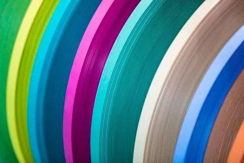 Solid color or wood grain PVC edge banding tape. ABS edge banding. Set of col Stock Photos
