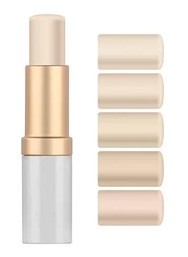 Solid concealer stick and five shades, used for covering blemish on the skin Foto stock