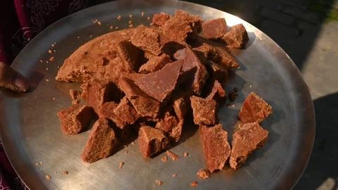 Solid Cubes of Natural Date Palm Jaggery - Nalen Gur Stock Footage 302638012