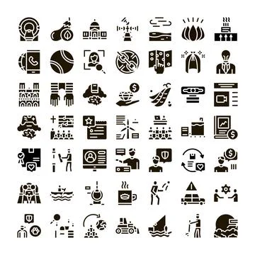Solid glyph icons collection diverse concepts set Stock Illustration