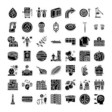 Solid glyph icons exploring business, technology, healthcare concepts Illustrazione stock