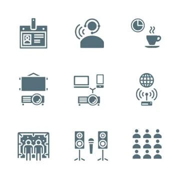 Solid grey color conference concept icons Stock Illustration