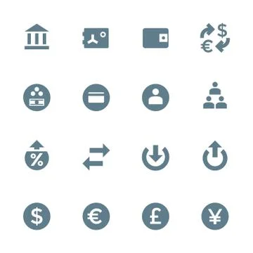 Solid grey various financial banking icons set. Stock Illustration
