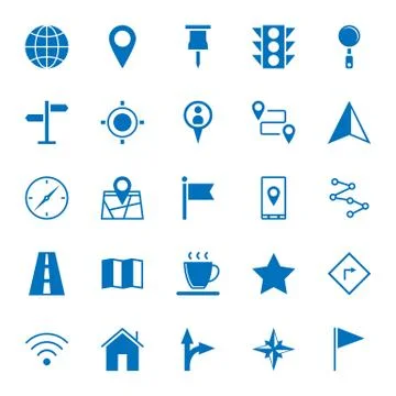 Solid icons of map icons on white background Stock Illustration