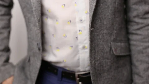 Solid man in gray jacket on white background counting russian rubles banknotes Stock Footage 118252112