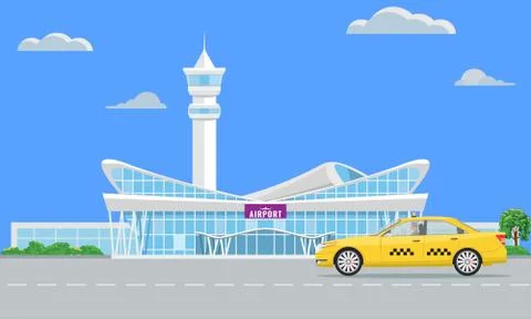 Solid Modern Airport terminal building and yellow taxi. Vector illustration. Ilustración de archivo