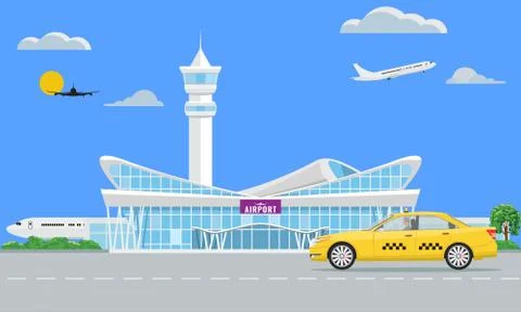 Solid Modern Airport terminal building and yellow taxi. Vector illustration. Ilustración de archivo