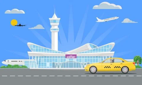 Solid Modern Airport terminal building and yellow taxi. Vector illustration. Ilustración de archivo