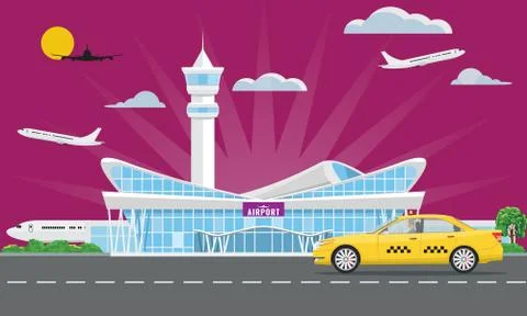 Solid Modern Airport terminal building and yellow taxi. Vector illustration. Ilustración de archivo