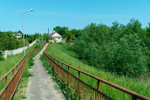 A solid, reliable bridge with asphalt pavement runs through a large swamp on  Stock Photos