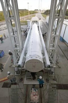 A solid rocket motor for the United Launch Alliance Atlas V rocket slated ... Stock Photos