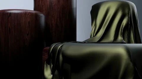 Solid Sage Cloth Draping onto Diverse Shapes Wooden Podium Background Loop Video Stock Footage 337636965