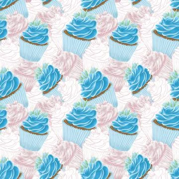 Solid seamless pattern of colored, contoured and hatched illustrations of blu Stock Illustration