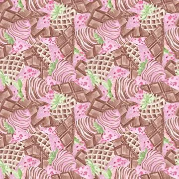 Solid seamless pattern of watercolor illustrations, chocolate bars and chocol Stock Illustration