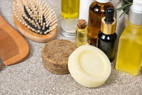 Solid shampoo and conditioner for hair. Natural eco-friendly organic cosmetic Stock Photos