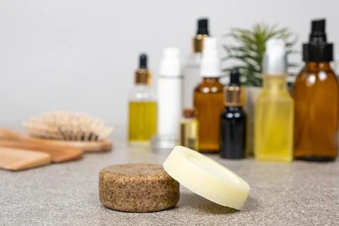 Solid shampoo and conditioner for hair. Natural eco-friendly organic cosmetics 스톡 사진