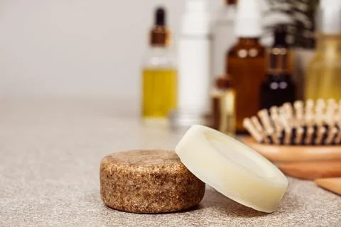 Solid shampoo and conditioner for hair. Natural eco-friendly organic cosmetics Stock Photos