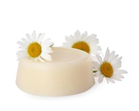 Solid shampoo bar and chamomiles on white background. Hair care Foto stock