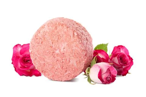 Solid shampoo bar and roses on white background. Hair care 写真素材