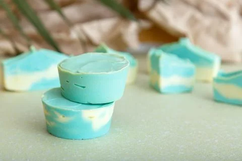 Solid shampoo bar many blue mint natural handmade soap bars in Tower stack sh Stock Photos