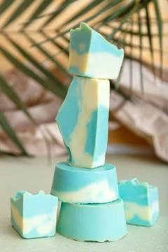 Solid shampoo bar many blue mint natural handmade soap bars in Tower stack sh Stock Photos