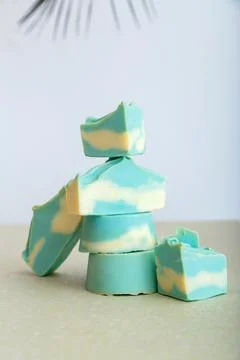 Solid shampoo bar many blue mint natural handmade soap bars in Tower stack shape Stock Photos