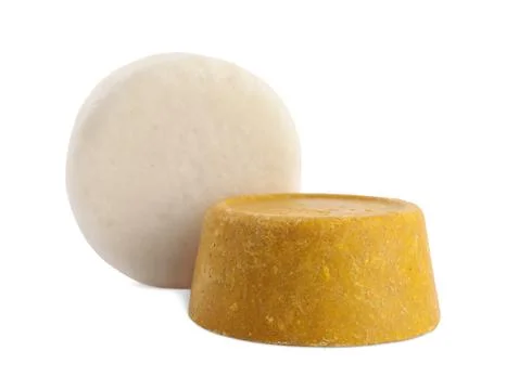 Solid shampoo bars on white background. Hair care Stock Photos
