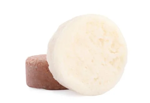 Solid shampoo bars on white background. Hair care Foto stock