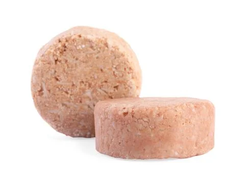 Solid shampoo bars on white background. Hair care Foto stock