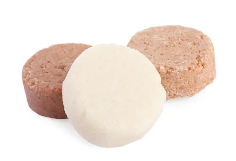 Solid shampoo bars on white background. Hair care Foto stock