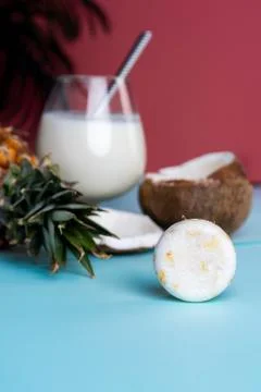 Solid shampoo with coconut and pineapple Pina colada hair care Spa Stock Photos