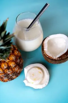 Solid shampoo with coconut and pineapple Pina colada hair care Spa Stock Photos