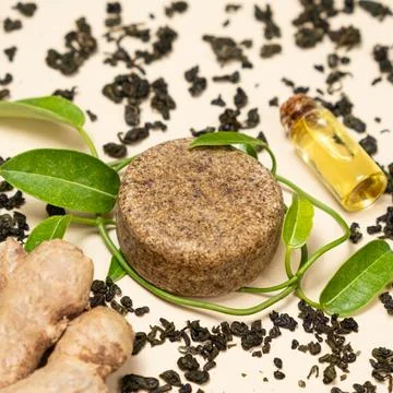 Solid shampoo with green tea and ginger. Natural hair cosmetics made from h.. 스톡 사진