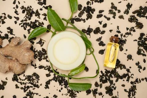 Solid shampoo with green tea and ginger. Natural hair cosmetics made from herbs 写真素材