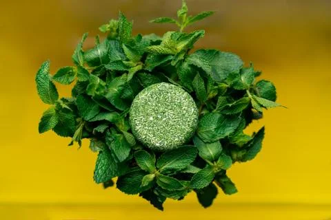 Solid shampoo with the smell of mint on a bright background yellow Foto stock