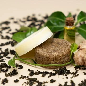 Solid shampoos made from ginger, green tea and oils. Natural cosmetics for hair Photos