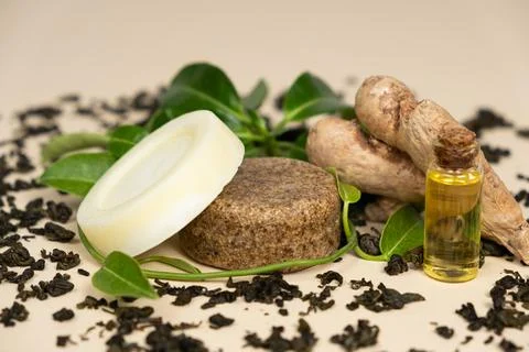 Solid shampoos made from ginger, green tea and oils. Natural cosmetics for ha 스톡 사진