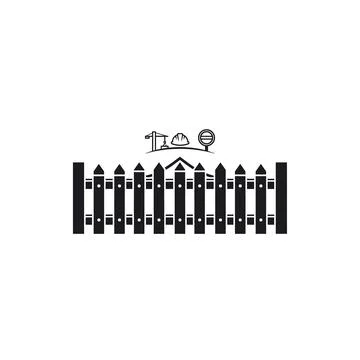 Solid silhouette picket fence with house and tree icon for home property 스톡 일러스트