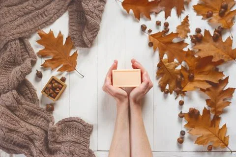 Solid soap in female hands in a composition with a soft scarf and oak leaves. Stock Photos