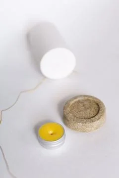 Solid soap or scrub and eco balm in jar on white background. Stock Photos