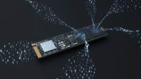Solid state drive and digital particle flow 3D concept rendering Stock Illustration
