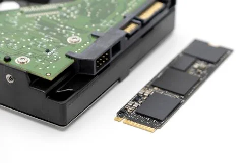 Solid state drive, new generation of storage drive with antique hard disk drive Stock-Fotos